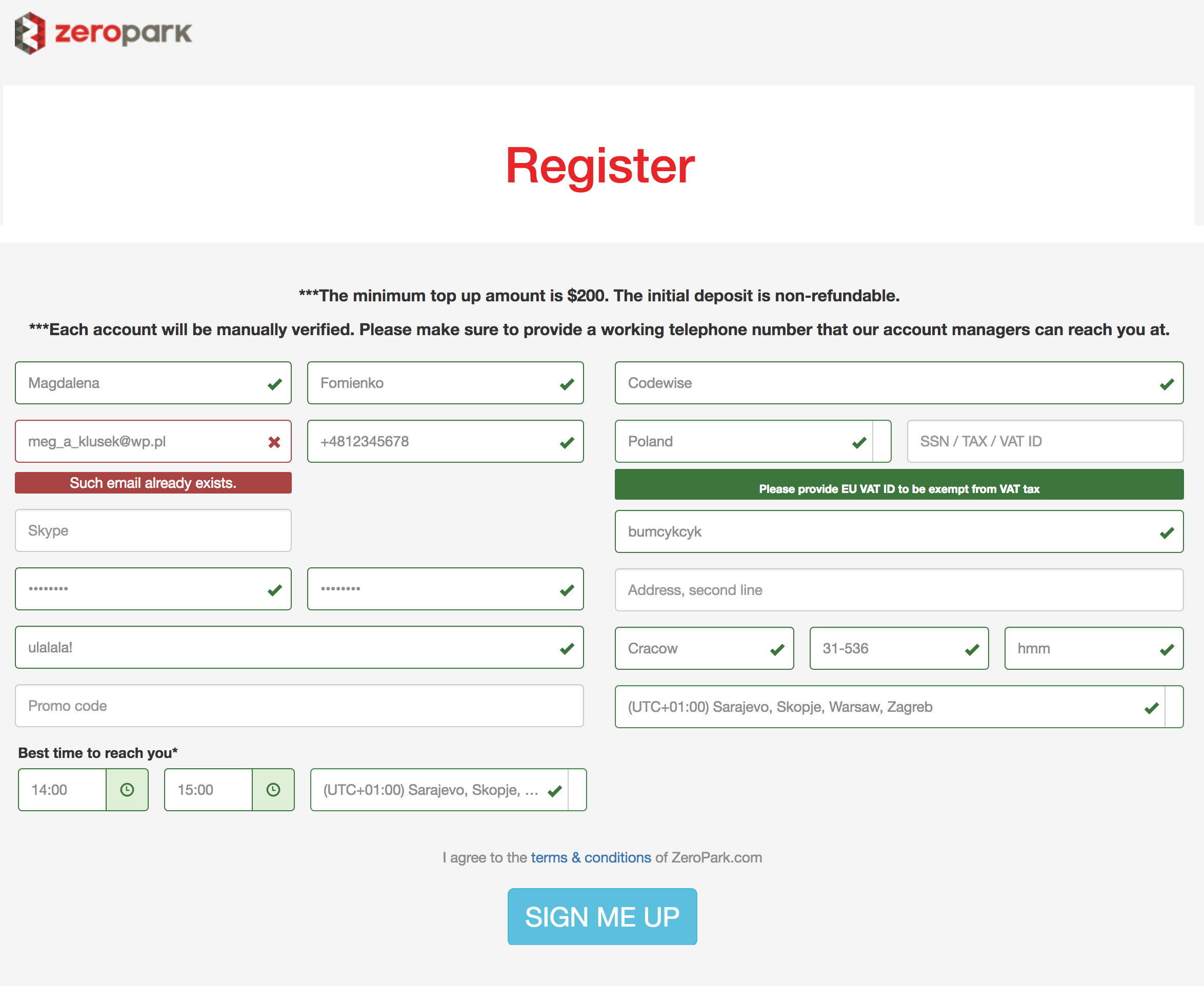 Old sign up form